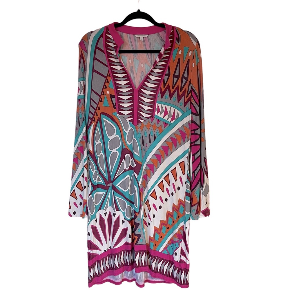 Boston Proper Multicolor Pattern Long Sleeve Dress Size Large Stretch Material